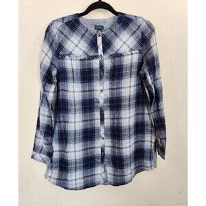 J. Jill Denim Tunic Top S Blue Plaid Fringe Raw Hem Button Front Cotton NWT